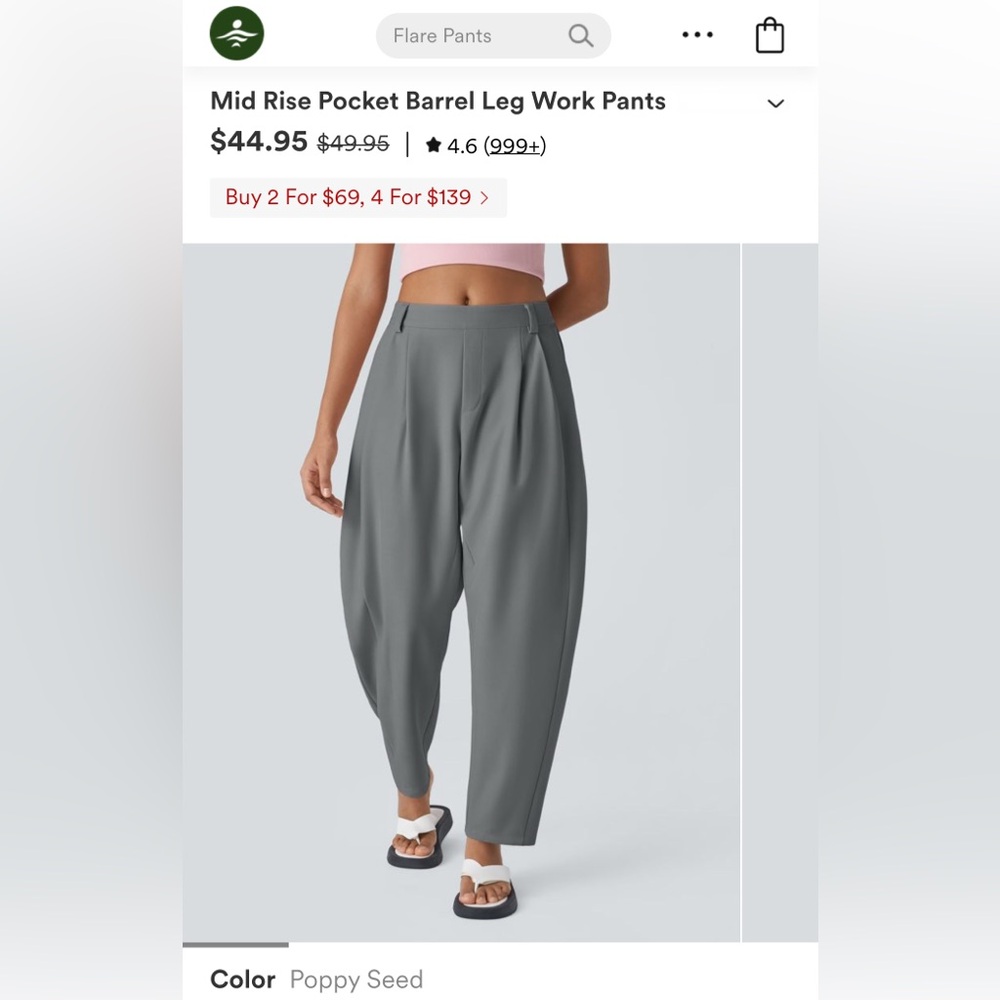 HALARA Mid Rise Pocket Barrel Leg Work Pants, Size L